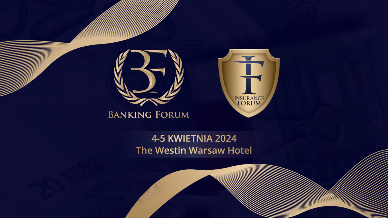 Grafika promocyjna przedstawiająca informacje o nadchodzącym Banking Forum i Insurance Forum, które odbędą się w dniach 4-5 kwietnia 2024 w hotelu The Westin Warsaw, z logotypami obu forów na złotych tarczach i złotymi liniami na ciemnoniebieskim tle.