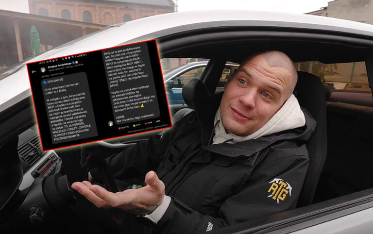 Mężczyzna rozmawia przez uchylone okno samochodu, na pierwszym planie widać otwarty smartfon z aktywnym oknem mediów społecznościowych.
