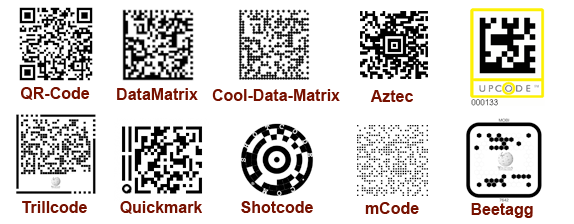 Coleção de diferentes tipos de códigos: QR-Code, DataMatrix, Cool-Data-Matrix, Aztec, Shotcode, mCode, Beetagg, Quickmark, Trillcode. Todos eles são rotulados com nomes correspondentes aos seus formatos e o código UPC é destacado em amarelo.