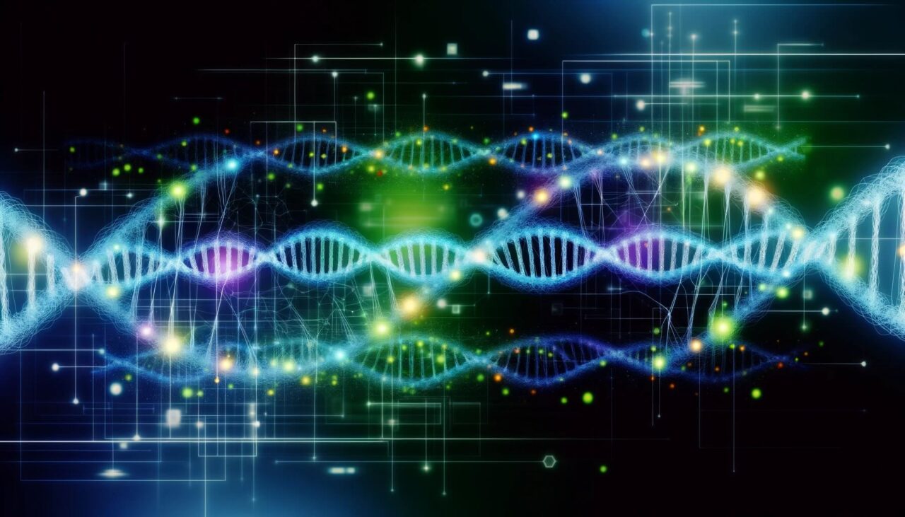 Graficzna reprezentacja molekuły DNA z nałożonymi jasnymi punktami i liniami na ciemnym tle z efektami świetlnymi, sugerująca koncepcję biotechnologii lub danych genetycznych. Bioinformatyczna baza danych będzie gromadzić informacje o chorobach uwarunkowanych genetycznie.