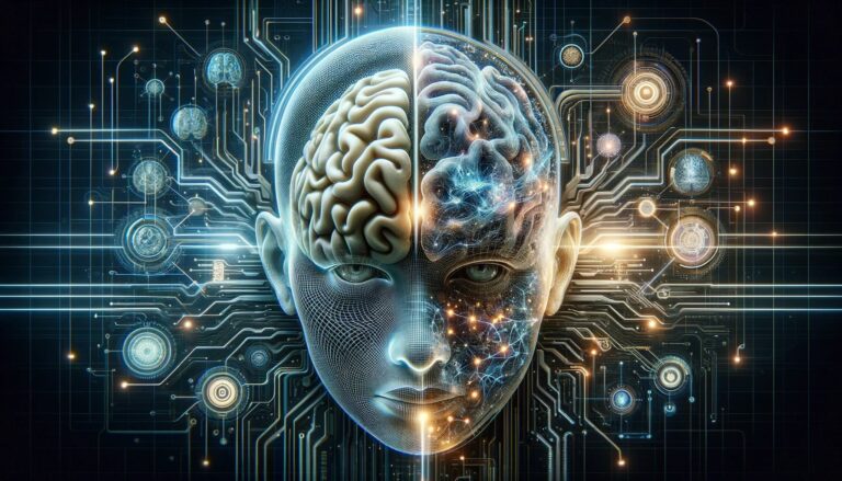 Obraz cyfrowy przedstawiający twarz z połowy ludzką i połowy cyfrową, z zarysem mózgu i połączeniami przypominającymi obwody elektroniczne. Skany mózgu pozwalają AI na ustalenie płci.