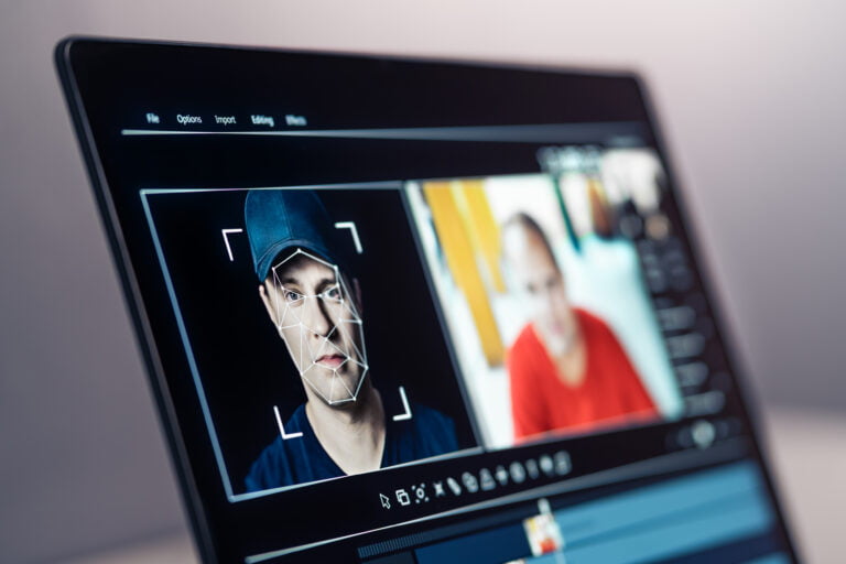 Ekran komputera z programem do rozpoznawania twarzy przedstawiający męską twarz z zaznaczonymi punktami detekcji twarzy oraz rozmytym obrazem drugiej osoby w tle.