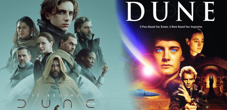 Plakaty filmowe "Diuna": po lewej wersja z 2021 roku z grupą postaci w tonacji niebiesko-szarej, a po prawej wersja z 1984 roku z dominującymi odcieniami pomarańczowo-żółtymi i postaciami w centralnych punktach.