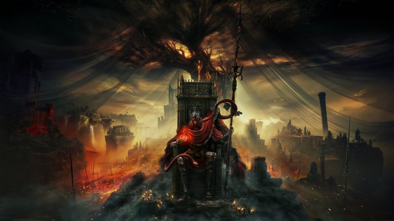Elden Ring Shadow of the Erdtree - Postać w stylu fantasy siedząca na tronie na tle apokaliptycznego krajobrazu zniszczonych budowli i płonącego miasta.