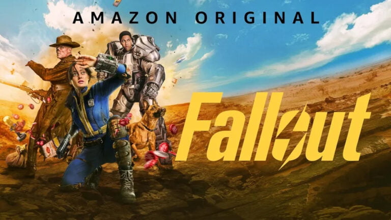 Plakat promocyjny Amazon Original z postaciami stylizowanymi na postapokaliptyczny świat, tytuł "Fallout" na pierwszym planie, pośród pustynnego krajobrazu.