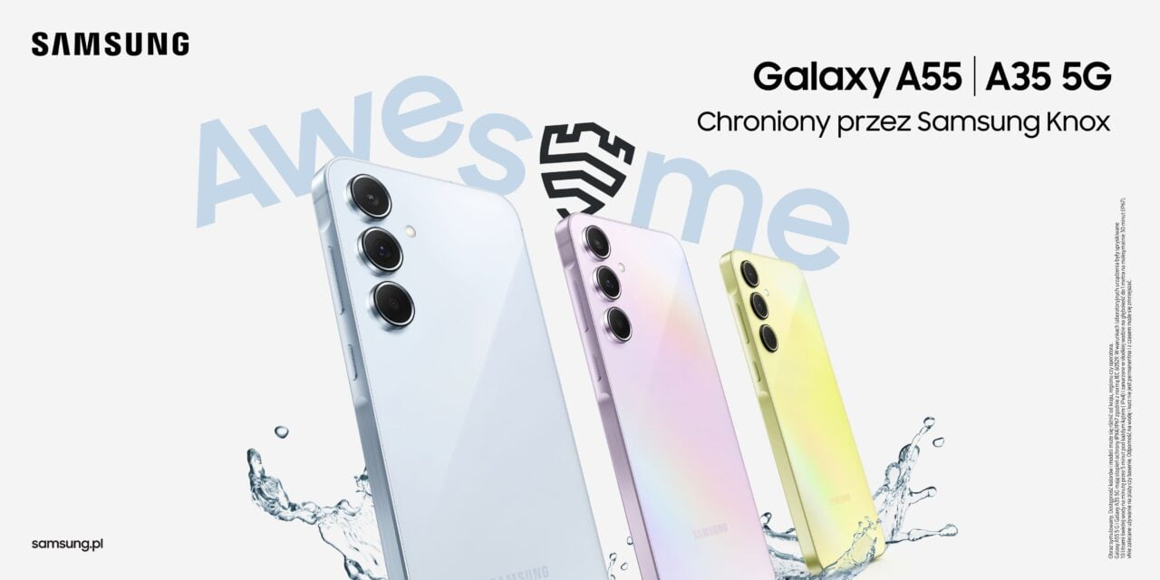 Anúncio dos smartphones Samsung Galaxy A55 e A35 5G com três modelos de telefone em branco, rosa e amarelo, flutuando acima da superfície com efeito de respingos de água e um slogan "Incrível" e informação "Protegido por Samsung Knox".