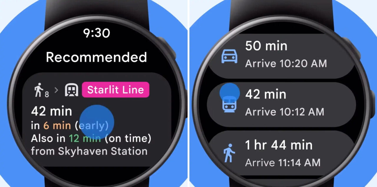 Zdjęcie dwóch inteligentnych zegarków wyświetlających opcje transportu publicznego z odliczaniem czasu przybycia i czasu podróży. Nowa funkcja Google Maps z Wear OS.