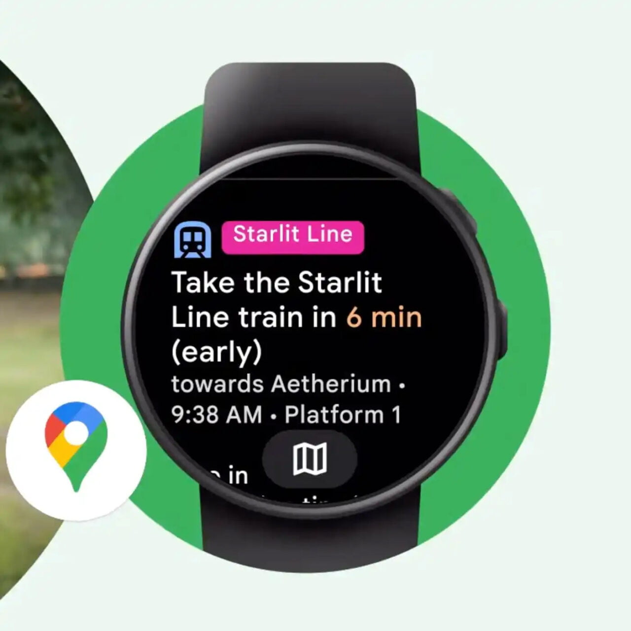 Czarny smartwatch z informacją o nadchodzącym pociągu Starlit Line na platformie 1 o 9:38, który przyjedzie za 6 minut, na tle zielono-czarnego graficznego tła z ikoną Map Google w dolnej części obrazu.