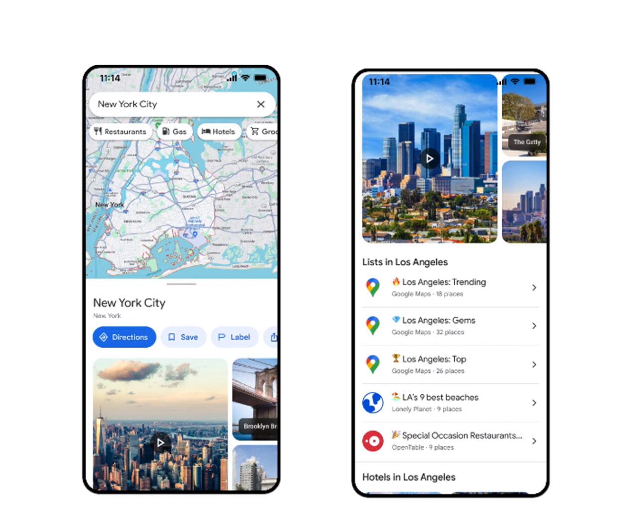Nowa funkcja Google Maps. Dwa smartfony wyświetlające aplikacje map i przewodników po mieście; po lewej mapę Nowego Jorku, po prawej listy atrakcji w Los Angeles.