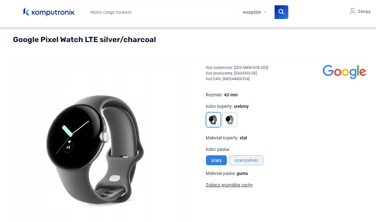 Smartwatch Google Pixel Watch LTE w kolorze srebrno-węglowym, wyświetlany na stronie sklepu Komputronik.