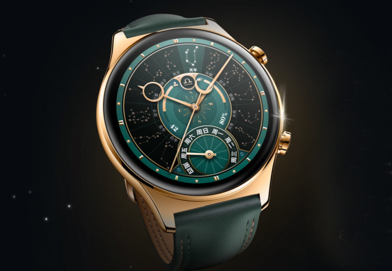 Relógio honor gs 4 em ouro com pulseira de couro e mostrador verde que contém elementos que lembram ponteiros de bússola e constelações, com fundo escuro.