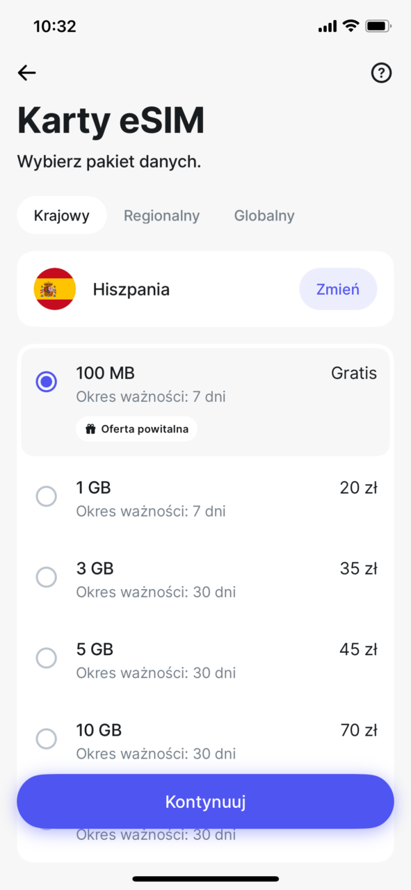 Ekran wyboru pakietu danych eSIM z opcjami dla Hiszpanii, w tym darmowy pakiet 100 MB ważny 7 dni, oraz płatne pakiety: 1 GB za 20 zł, 3 GB za 35 zł, 5 GB za 45 zł i 10 GB za 70 zł, wszystkie ważne 30 dni, oraz przycisk "Kontynuuj" na dole.