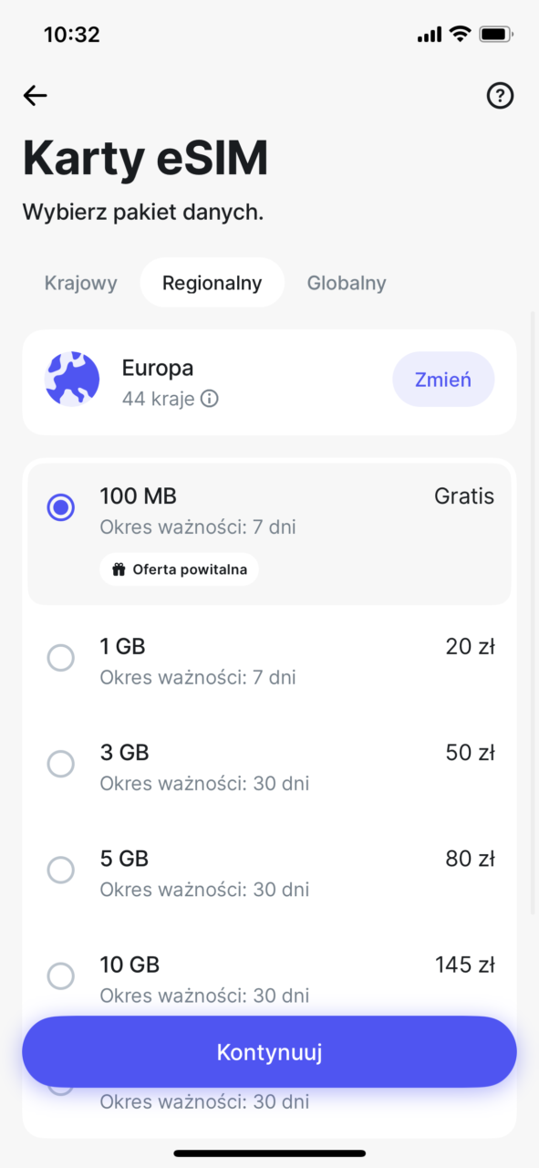 Ekran wyboru planu taryfowego karty eSIM z opcjami dla Europy, pokazujący różne pakiety danych od 100 MB za darmo do 10 GB za 145 złotych, z przyciskiem "Kontynuuj" na dole.