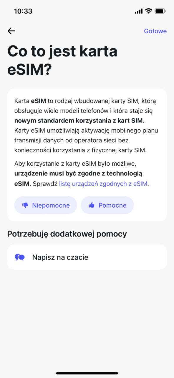 Zrzut ekranu smartfona przedstawiający interfejs użytkownika z tekstem wyjaśniającym, co to jest karta eSIM, z opcjami oceny pomocy i możliwością napisania na czacie dla dodatkowego wsparcia.