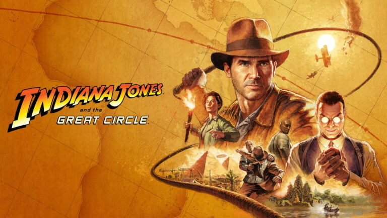 Plakat gry "Indiana Jones i Wielki krąg" z pierwszoplanowym wizerunkiem Indiany Jonesa trzymającego bicz i postaciami drugoplanowymi na tle starożytnej mapy.