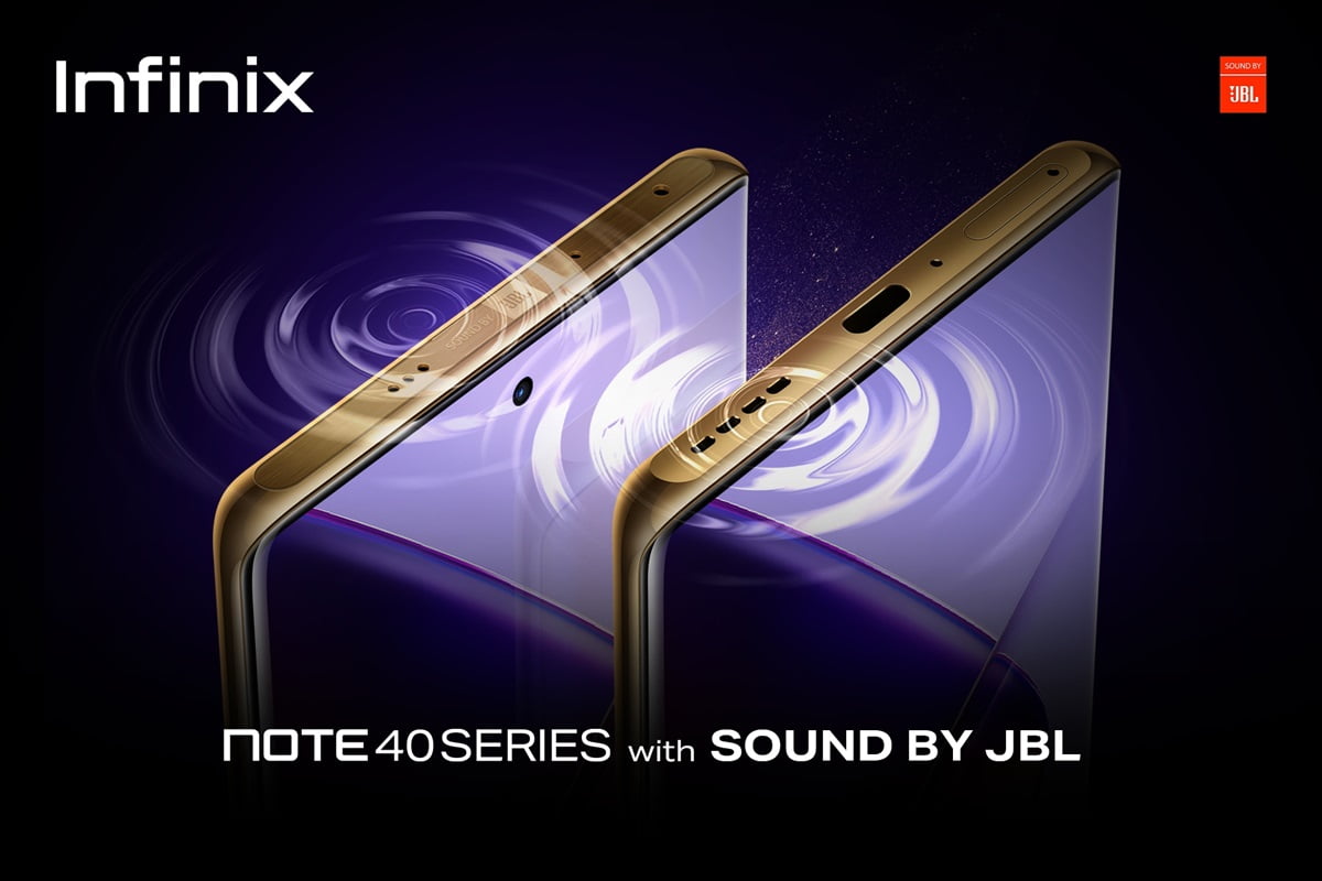 Foto de dois smartphones Infinix Note 40 Series dourados com inscrição "com SOM DA JBL" no contexto de efeitos de luz e espaço.