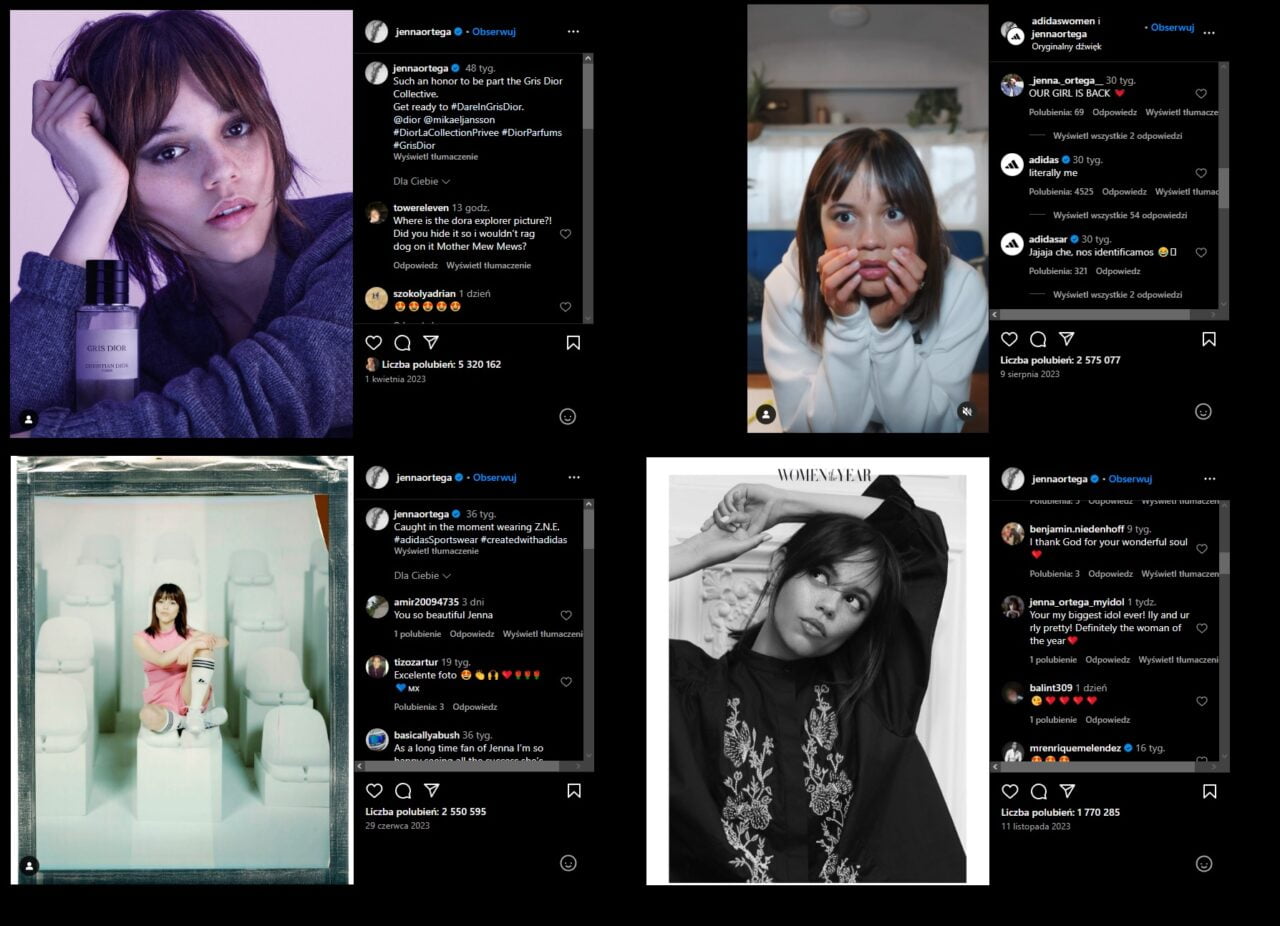 Cztery zrzuty ekranu z profilu na Instagramie pokazujące różne portrety młodej kobiety w kilku stylizacjach.