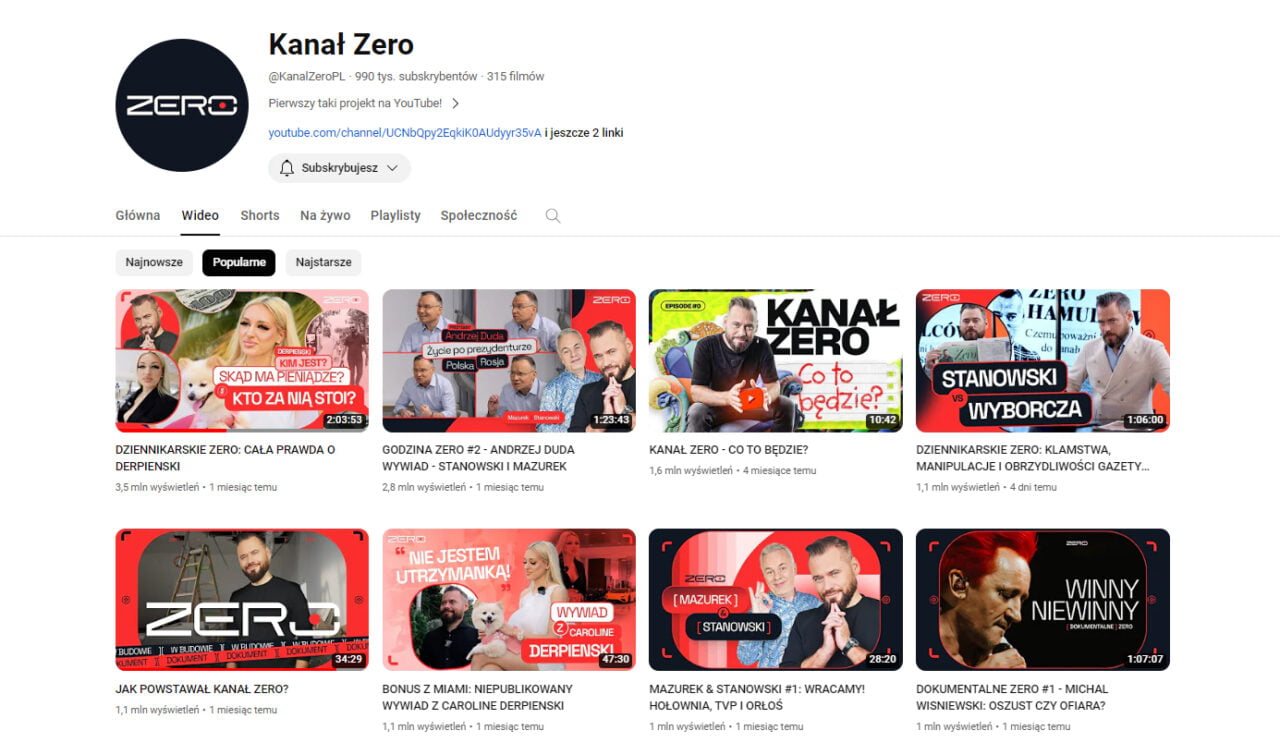 Strona kanału YouTube "Kanał Zero" z logo kanału na górze oraz miniaturkami filmów przedstawiającymi różne postaci publiczne i tematy programów.