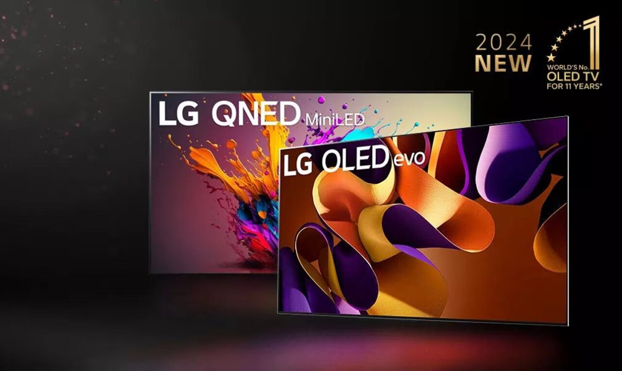 Reklama telewizorów LG, modele "LG QNED Mini LED" i "LG OLED evo" na ciemnym tle, z kolorowymi grafikami przypominającymi zachlapaną farbę oraz złotym tekstem "2024 NEW" i informacją, że model OLED jest światowym liderem przez 11 lat.