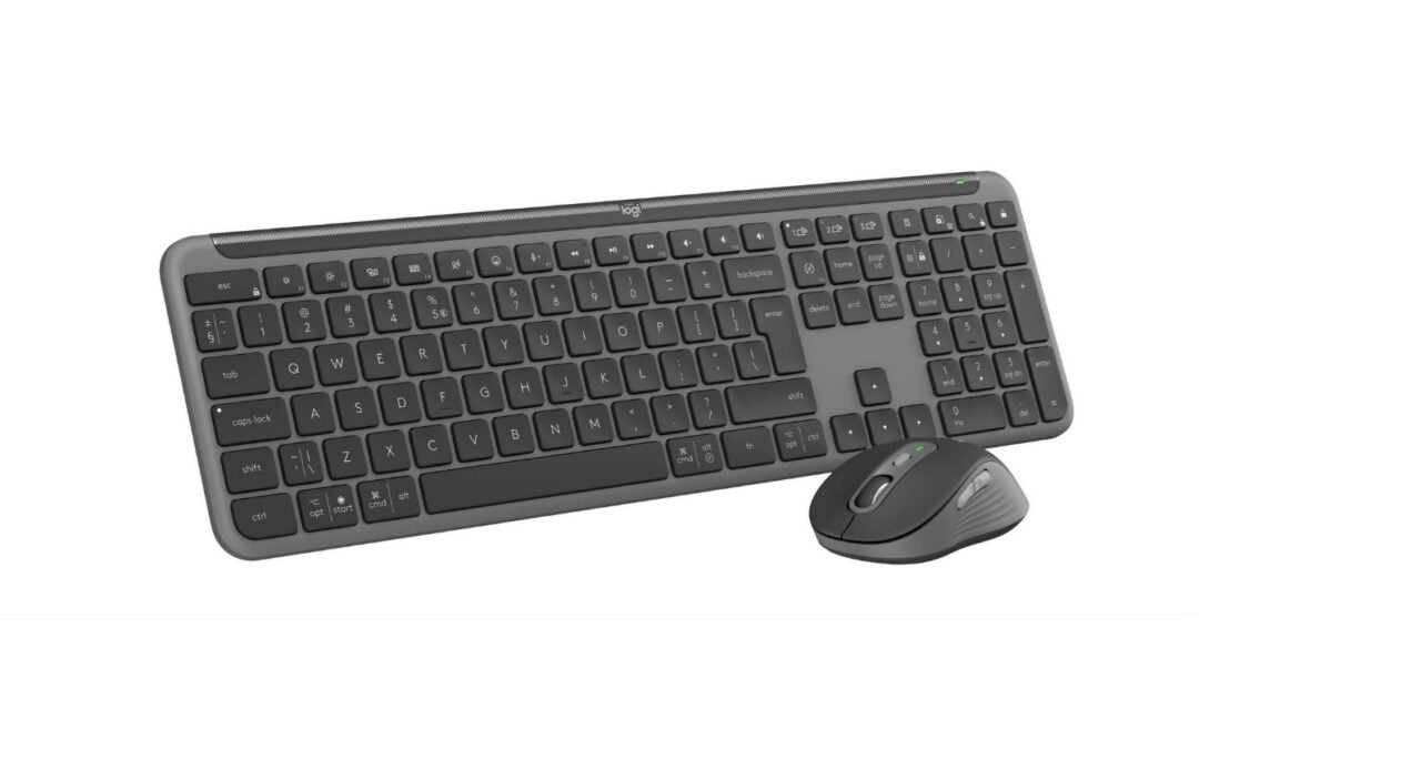 Bezprzewodowa klawiatura i mysz komputerowa na białym tle.