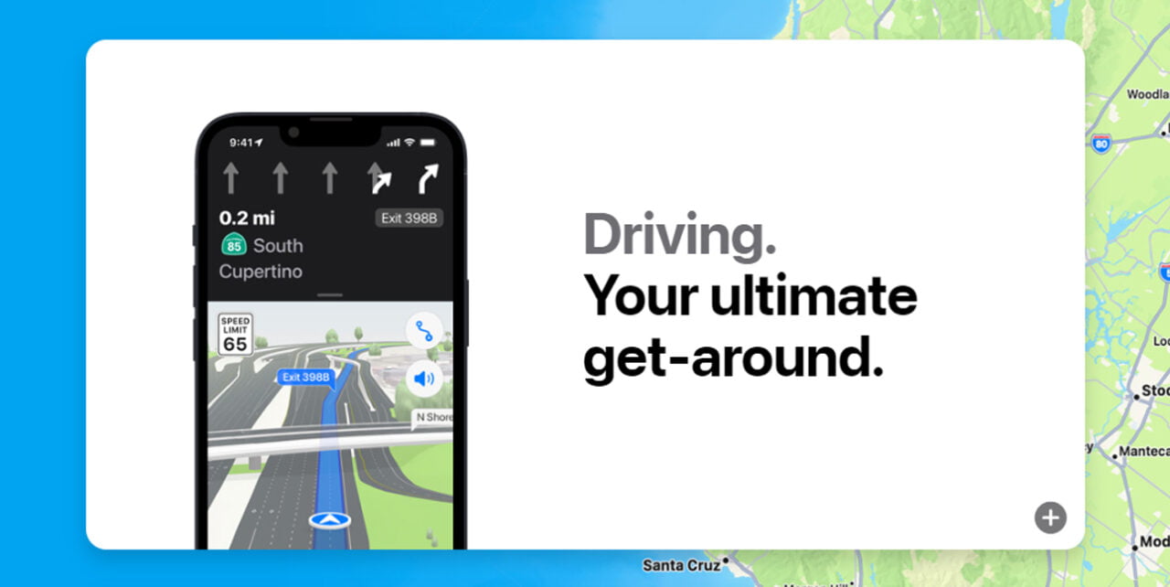 Zrzut ekranu aplikacji nawigacyjnej na smartfonie z wyświetlonym trybem jazdy oraz trasą w Cupertino, z napisem "Driving. Your ultimate get-around." umieszczonym obok na białym tle.