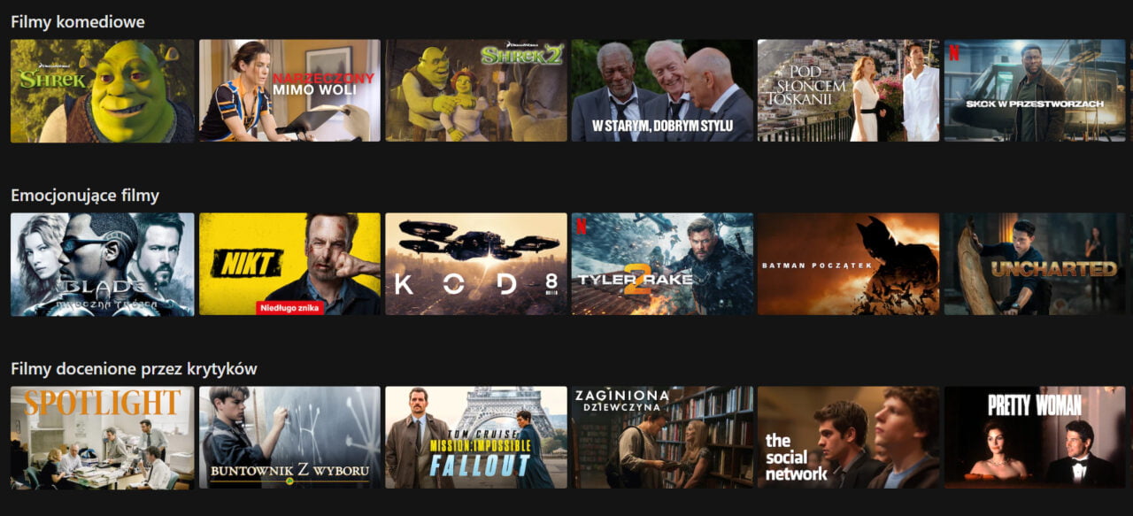 Wyświetlacz serwisu streamingowego Netflix przedstawiający różne kategorie filmów: komedie, emocjonujące filmy i filmy docenione przez krytyków, z miniaturami okładek filmowych jako przykładami każdej kategorii.