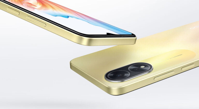 Dwa złote smartfony OPPO A38 umieszczone jeden na drugim, z wyraźnym przedstawieniem podwójnego aparatu fotograficznego i bocznego profilu urządzenia.