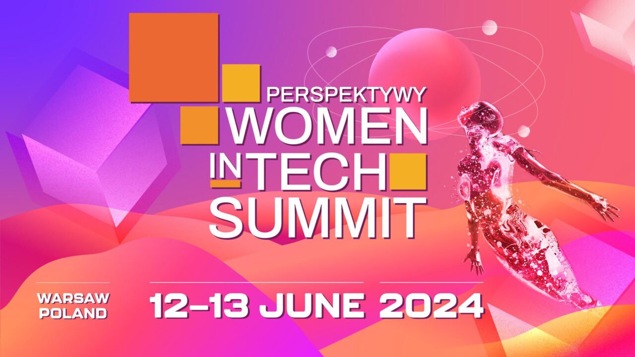 Plakat konferencji "Perspektywy Women in Tech Summit" w Warszawie, 12-13 czerwca 2024, z grafiką kobiecej sylwetki i abstrakcyjnymi kształtami geometrycznymi w żywych kolorach.