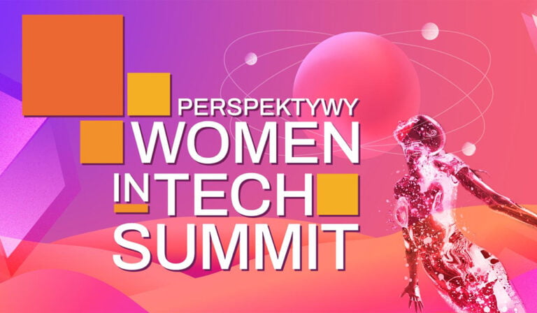 Grafika promująca Perspektywy Women in Tech Summit 2024 z abstrakcyjną postacią kobiecą na kolorowym tle i napisami.