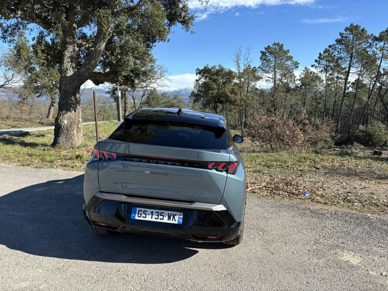 Szary samochód Peugeot zaparkowany przy drodze z drzewami i widokiem na góry w tle.