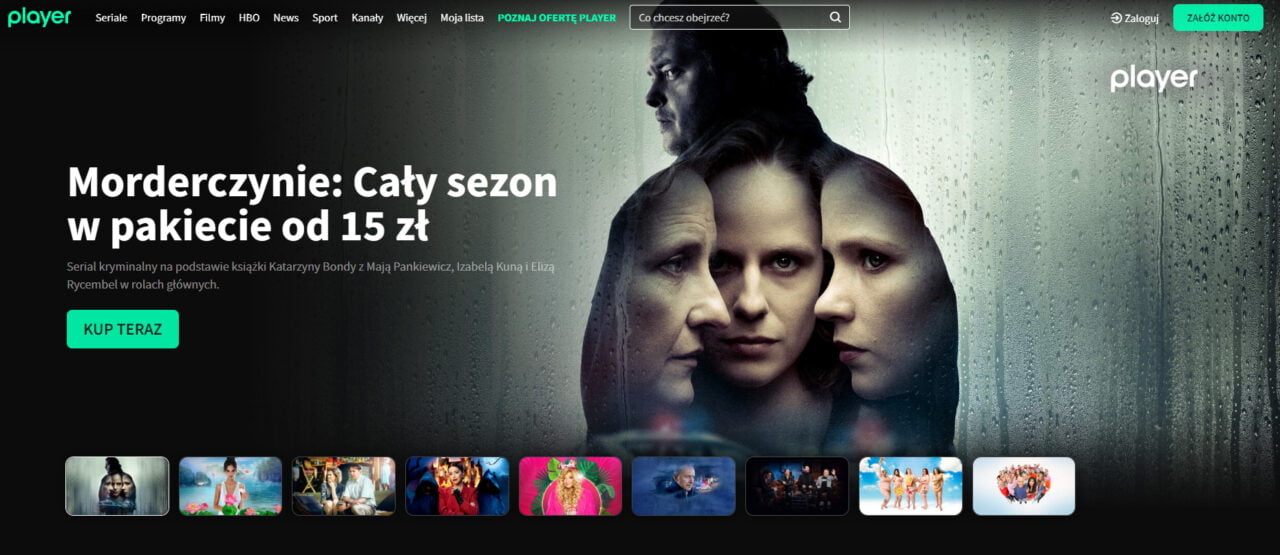 Strona główna platformy streamingowej z promocją serialu "Morderczynie", z grafiką przedstawiającą twarze trzech postaci na tle przeszklonej powierzchni z kroplami deszczu, a poniżej miniatury innych programów dostępnych w serwisie.