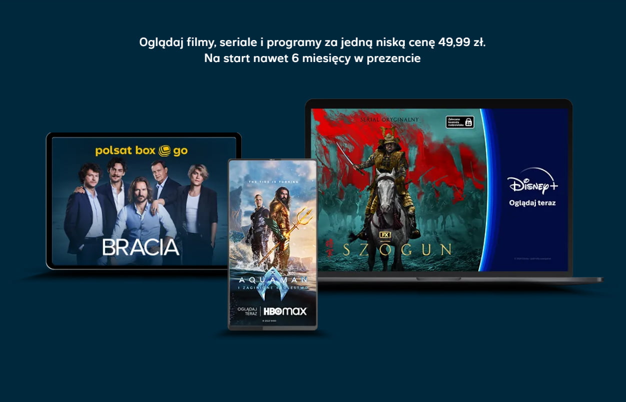 Pakiet streamingów od Plus. Reklama usług streamingowych prezentująca urządzenia z wyświetlaczami, na których znajdują się logotypy i grafiki promocyjne Polsat Box Go, HBO Max i Disney+ z informacją o cenie subskrypcji i ofercie czasowej.