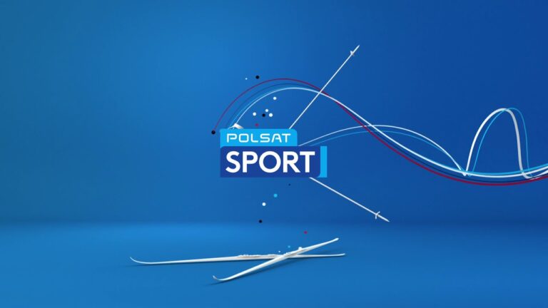 Grafika promocyjna Polsat Sport z dynamicznymi liniami i kształtami na niebieskim tle.