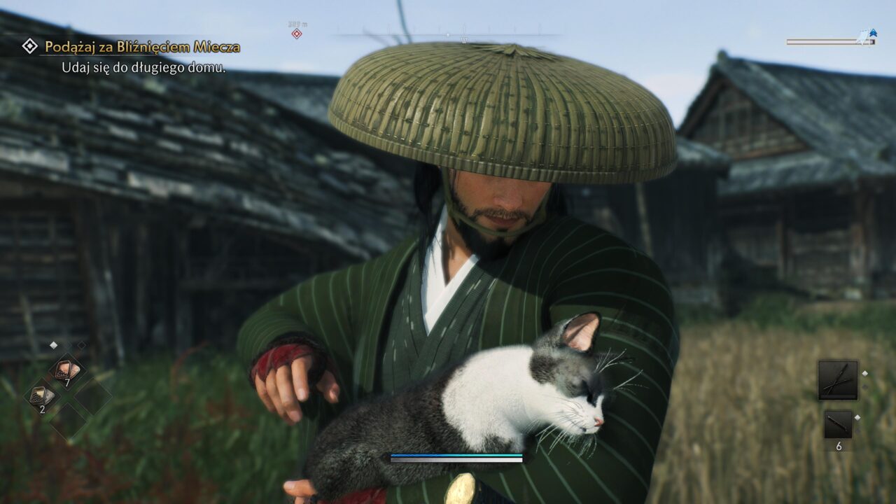Postać w tradycyjnym, japońskim stroju trzymająca kota, z bambusowym kapeluszem na głowie, na tle drewnianych, wiejskich domów w grze komputerowej.