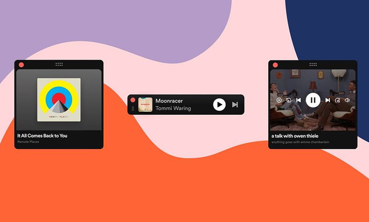 Nowa funkcja Spotify - miniodtwarzacz. Graficzne interfejsy użytkownika trzech różnych aplikacji do strumieniowania muzyki i podcastów z treściami wyświetlanymi na ekranach i kontrolkami odtwarzania.