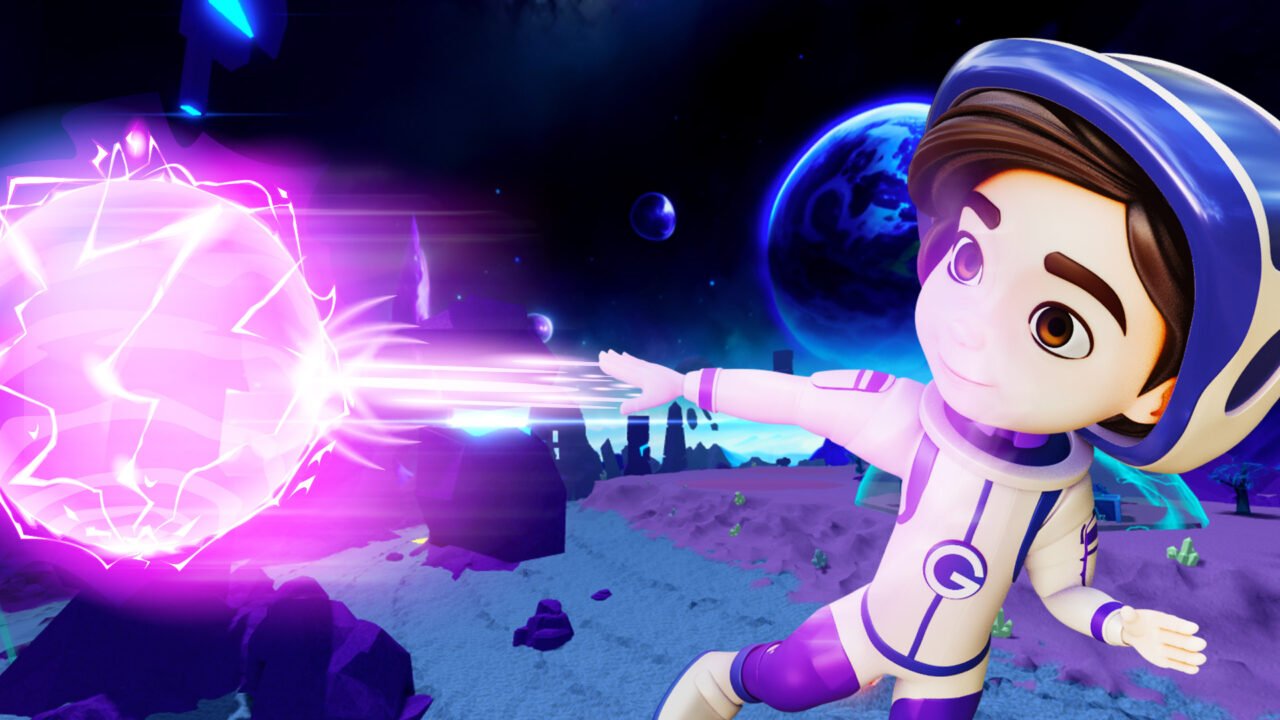 Animowana postać kosmonauty dziecka wystrzeliwująca fioletową energię na tle kosmicznego krajobrazu z planetami w oddali.