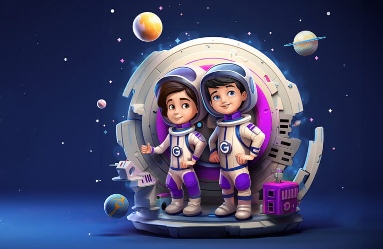 Stacja Galaxy od Samsunga. Dwójka animowanych dzieci w skafandrach kosmicznych wewnątrz statku kosmicznego, z rysunkowymi planetami i gwiazdami na tle.