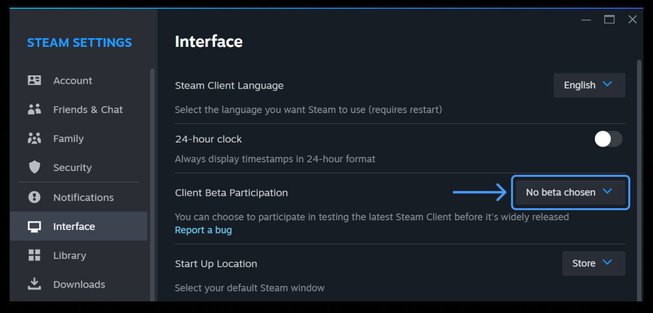 Okno ustawień aplikacji Steam z otwartą zakładką interfejsu, pokazujące opcje takie jak wybór języka, zegar 24-godzinny oraz udział w testowaniu wersji beta klienta Steam.