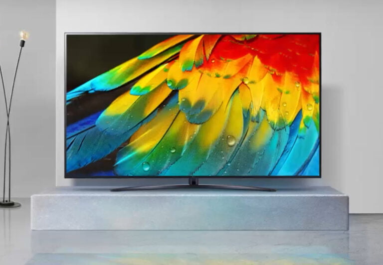 Telewizor LG na szarej podstawie wyświetlający zdjęcie kolorowych, mokrych piór ptaka.