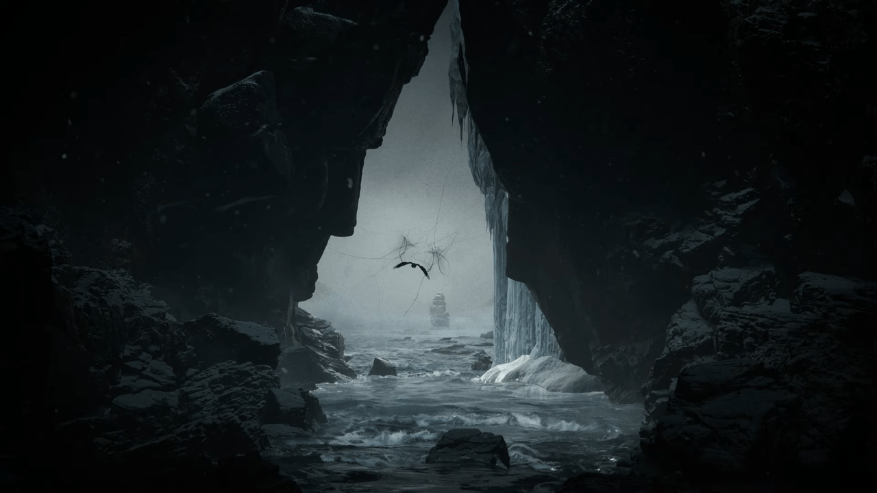 Kadr ze zwiastuna gry Thorgal. Mroczny, skalisty wąwóz na morzu z widocznym przez szczelinę statkiem oraz w powietrzu latającym ptakiem w mglistej, ponurej atmosferze.