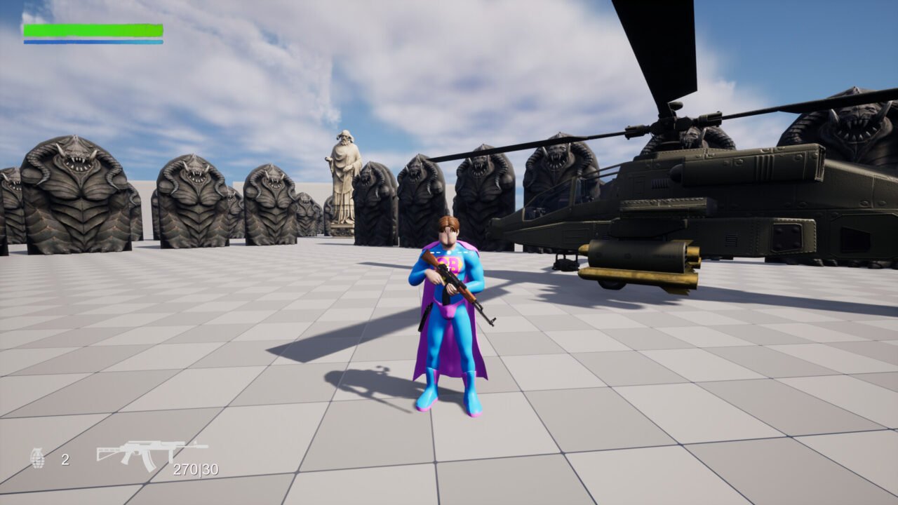 Unreal Engine 5. Kadr z gry Unreal Physics. Postać w superbohaterskim kostiumie z karabinem stoi na kwadratowej platformie, w tle rzeźby w formie potworów i helikopter bojowy.