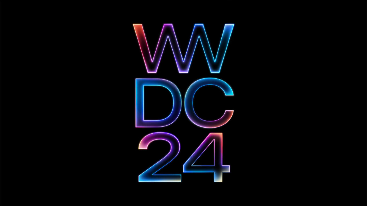 Neonowe litery "WWDC 2024" z numerem "24" na czarnym tle.