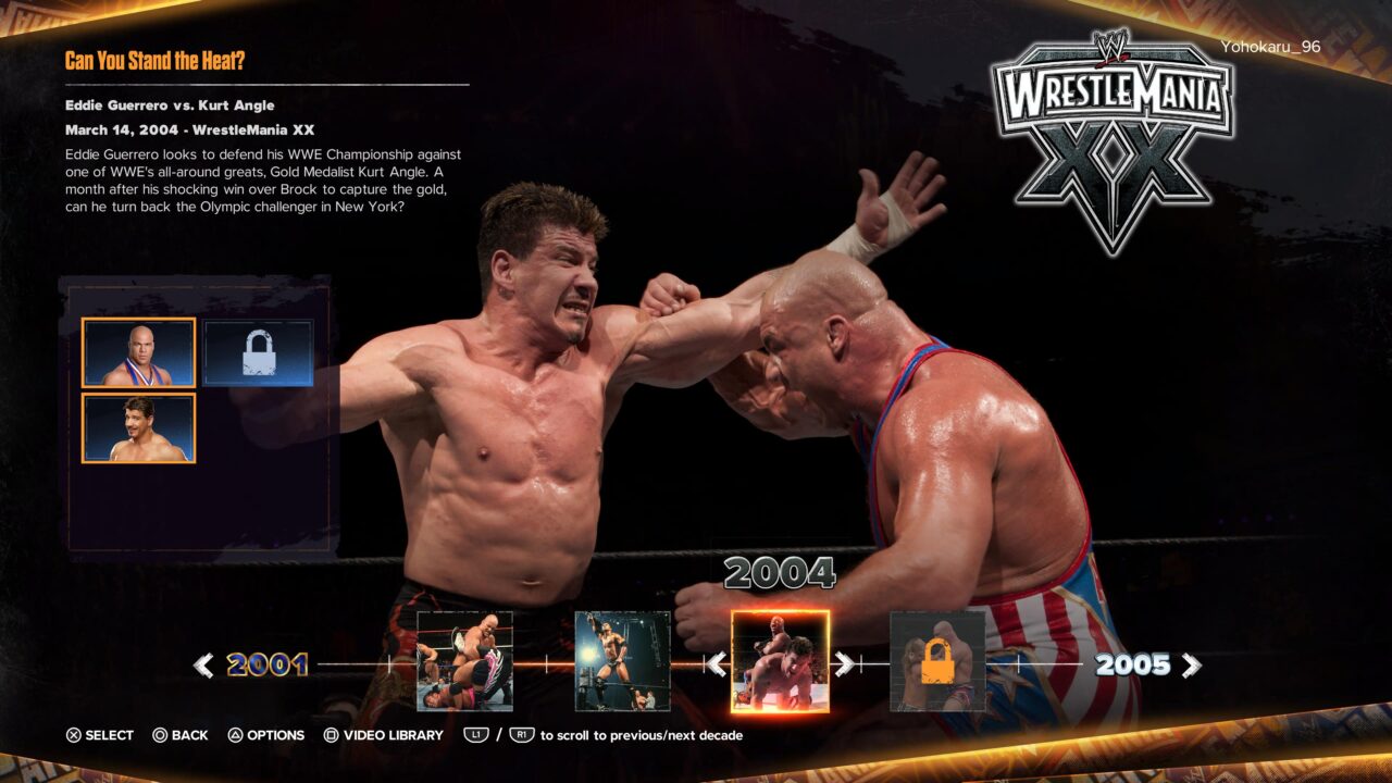 Zrzut ekranu z gry WWE ukazujący interfejs użytkownika z informacjami o walce Eddie Guerrero kontra Kurt Angle z WrestleMania XX, 14 marca 2004 r., z grafiką przedstawiającą dwóch wrestlerów w ringu oraz elementy nawigacyjne i użytkownika gry.