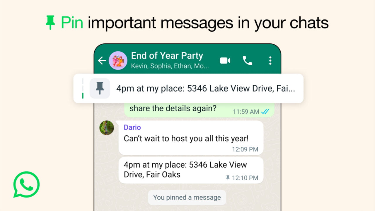 Zrzut ekranu funkcji przypinania wiadomości w WhatsApp w aplikacji, z wypowiedzią przykładowych rozmówców i przypiętym komunikatem zawierającym adres.