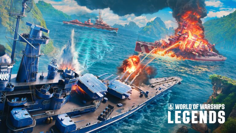 Grafika promująca grę "World of Warships Legends" przedstawiająca bitwę morską z uszkodzonymi i palącymi się okrętami wojennymi na tle malowniczych, skalistych wysp.