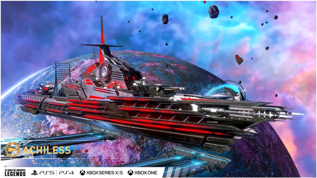Statek kosmiczny z gry "World of Warships Legends" unosi się nad planetą, z logo gry i oznaczeniami platform: PS5, PS4, XBOX SERIES X|S, XBOX ONE.