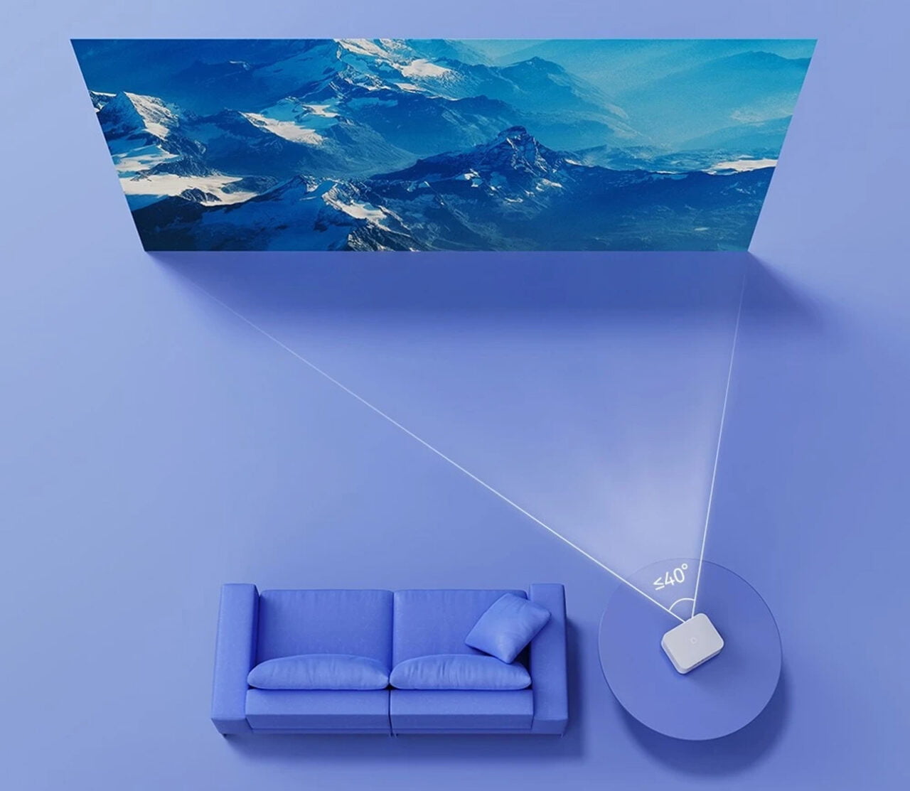 A imagem mostra um projetor de parede projetando uma imagem de montanhas na parede de uma sala com um sofá azul, criando uma impressão de extraordinária profundidade de espaço.