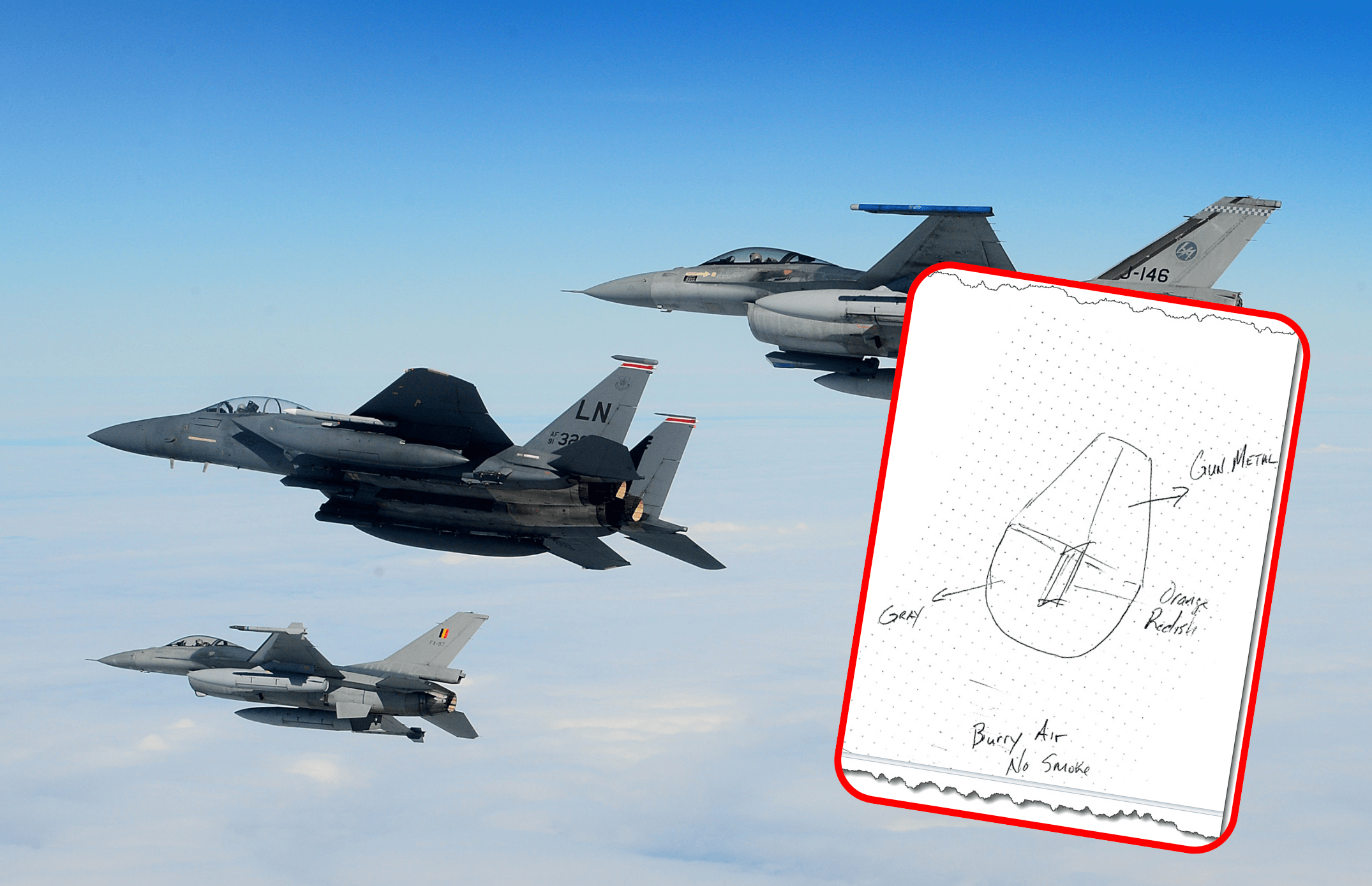 Trzy myśliwce F-16 w formacji lotniczej na tle bezchmurnego nieba, z diagramem pokazującym części samolotu wprowadzonym na pierwszym planie.