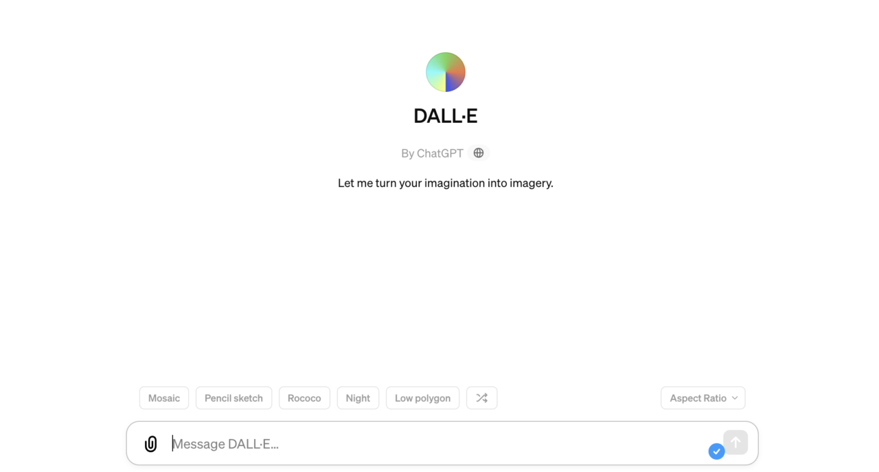 Interfejs użytkownika DALL-E z tekstem "Let me turn your imagination into imagery" i opcjami stylu obrazu.