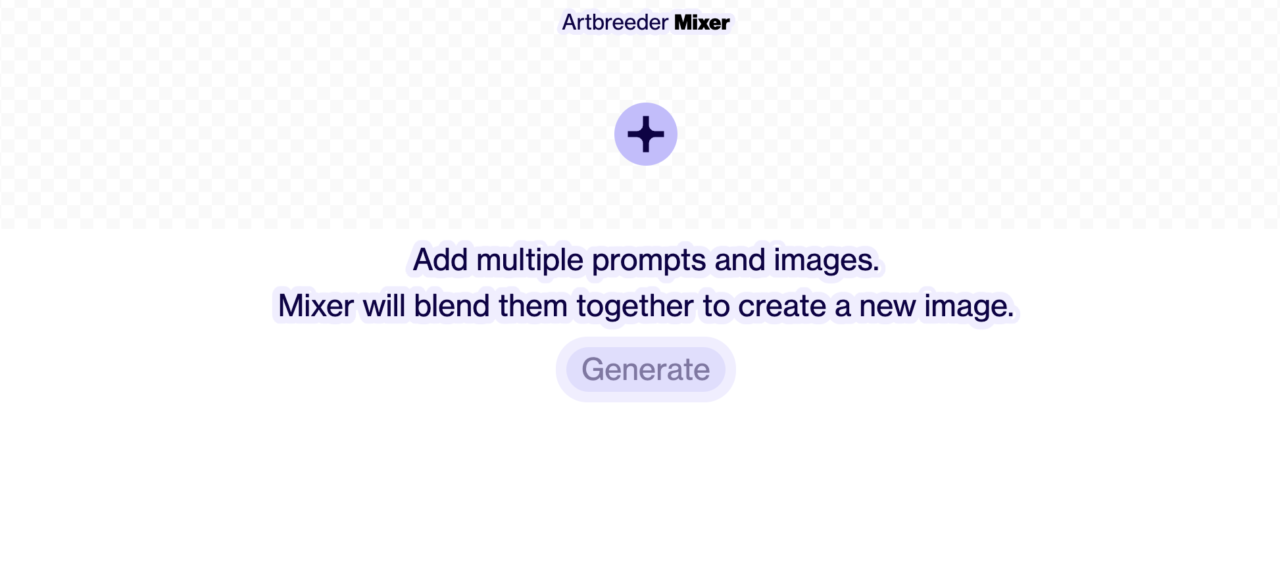 Interfejs użytkownika Artbreeder Mixer z przyciskiem "Generate" oraz tekstem "Dodaj wiele poleceń i obrazów. Mixer połączy je, tworząc nowy obraz".